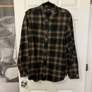 BILLABONG Flannel Plaid Shirt Mens Large L Brown Black Button Down Up Red Surf